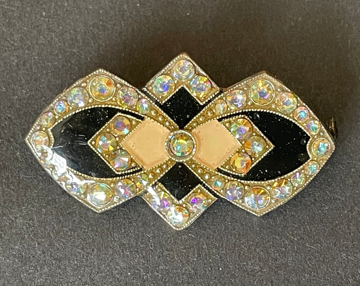 Vintage Pierre Bex Art Deco style rhinestone and enamel brooch, yellow /gold, black geometric design with AB rhinestones in thick enamel