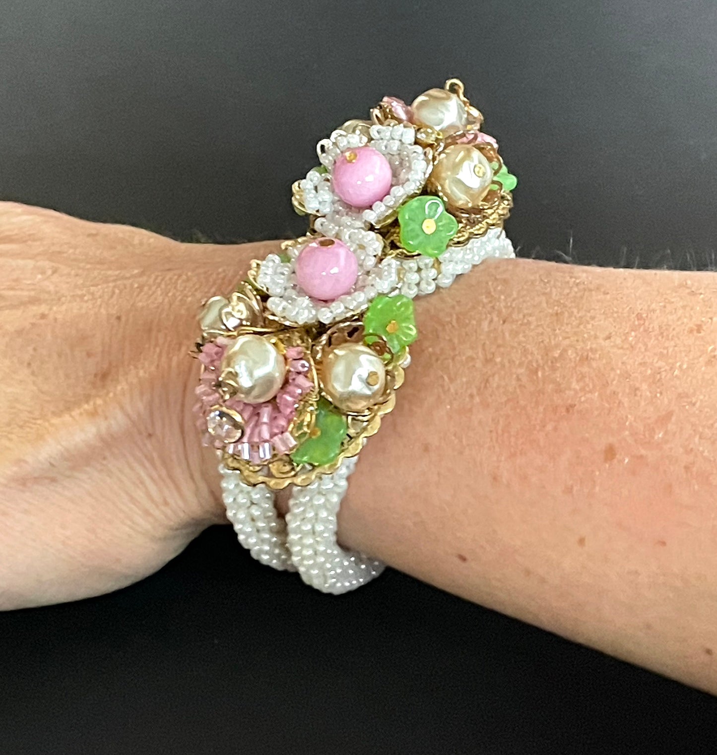 Vintage elaborate glass beaded floral clamper bangle with intricate micro beading and silver tone filigree, pink, green, white & faux pearl