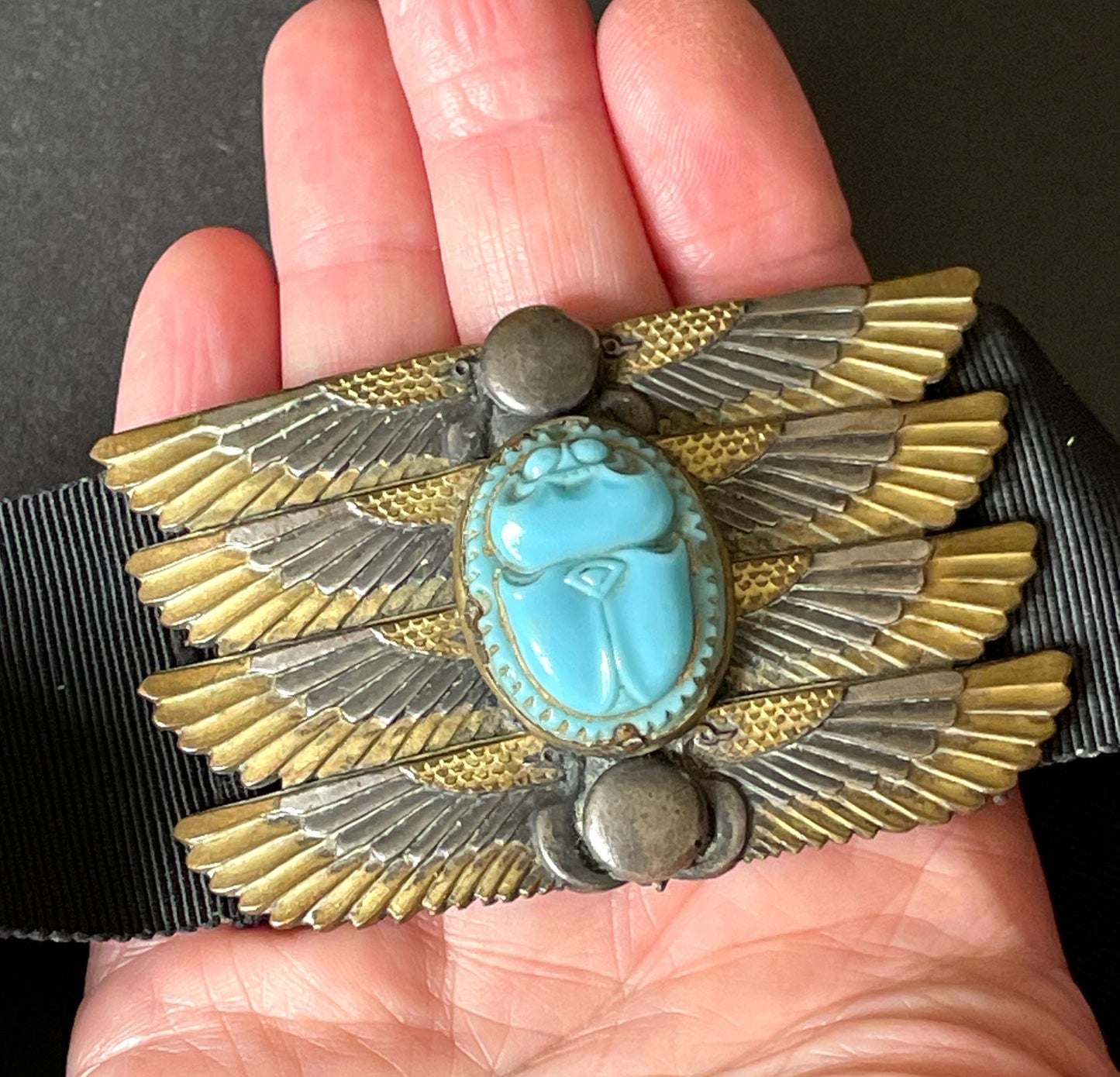 Vintage huge Egyptian revival winged scarab belt buckle by French artist Piel Freres (1855-1925)