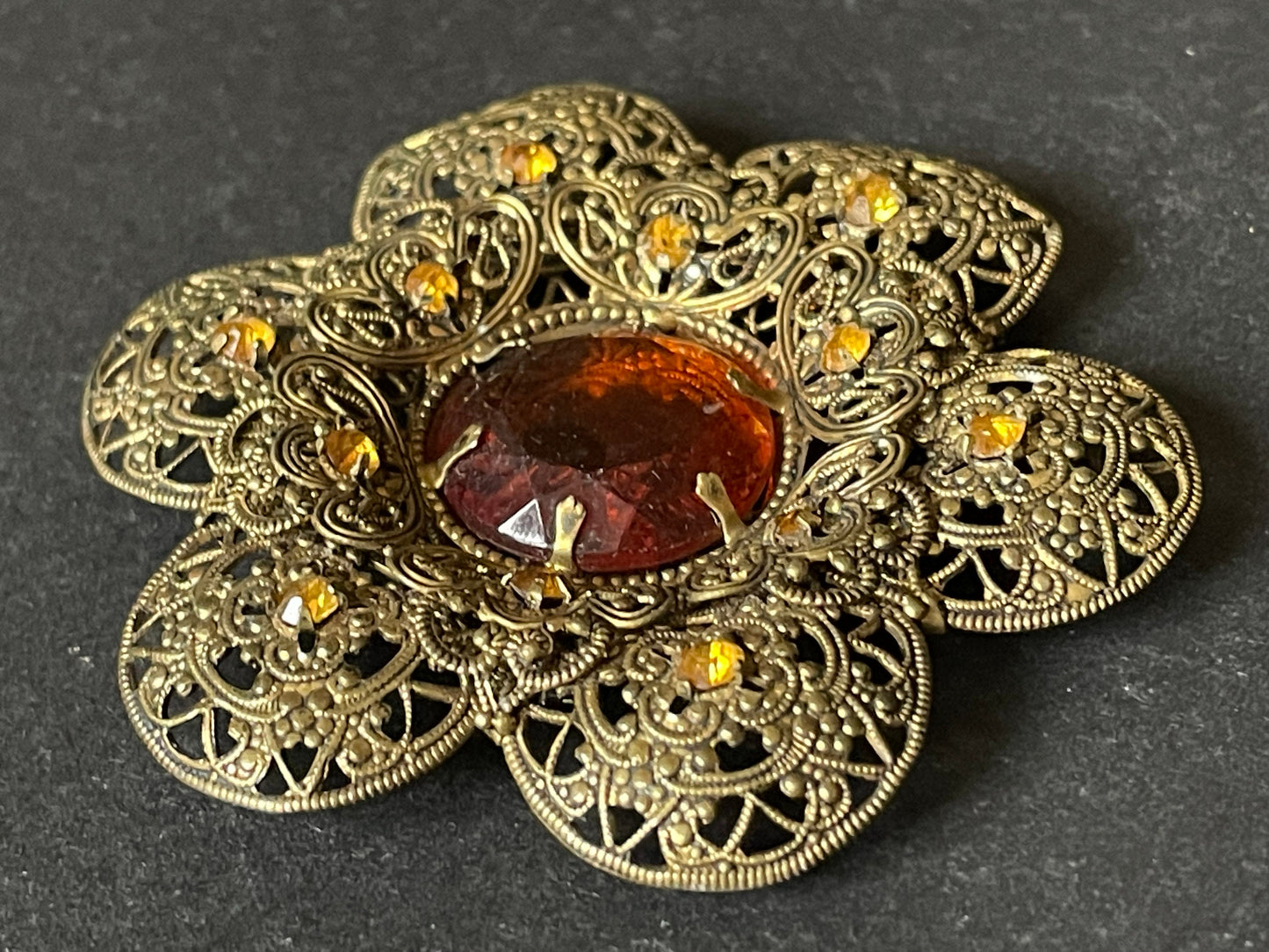 Huge vintage Max Neiger style Art Deco topaz orange glass rhinestone Czech brooch in antique gold tone filigree