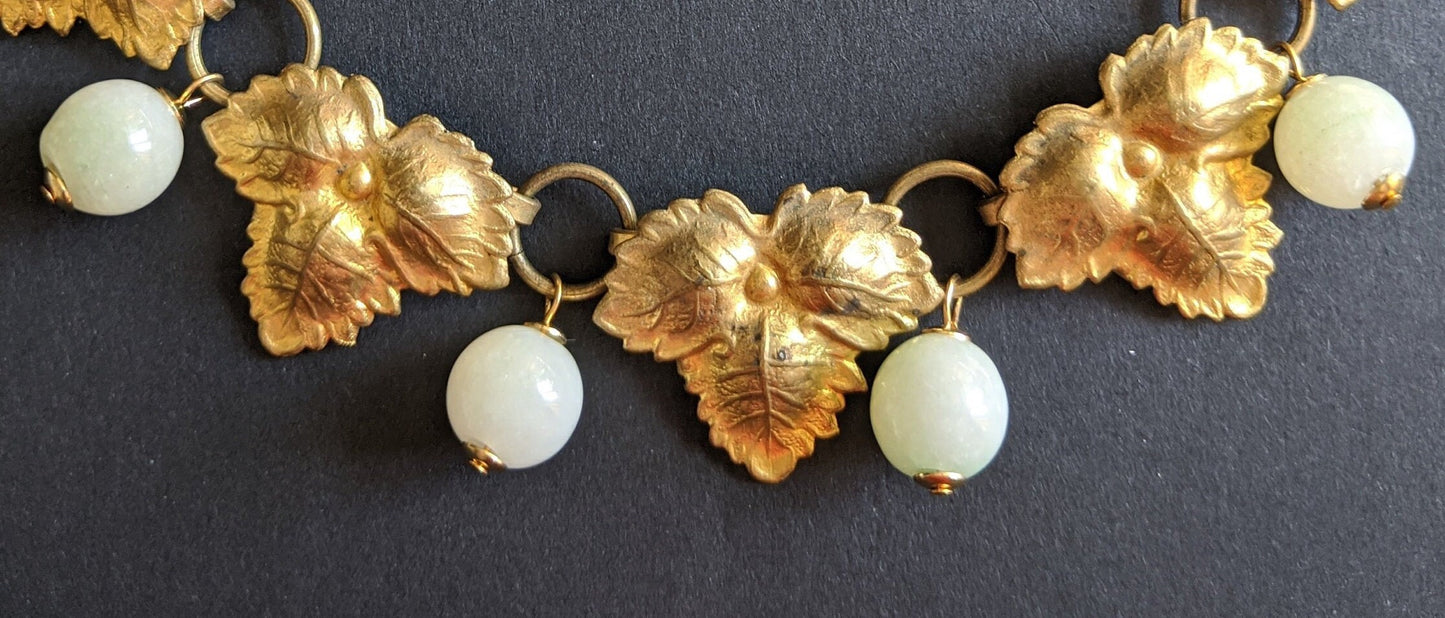 Vintage 1940s leaf and vaseline glass bead drop necklace, fabulous quality, very much like Miriam Haskell