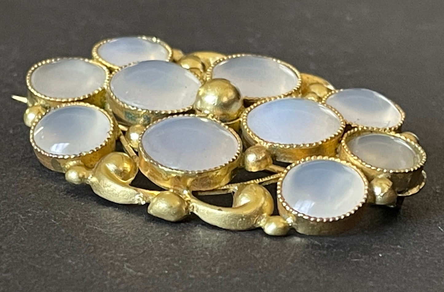 Antique Georgian gold tone yellow metal possibly pinchbeck and natural moonstone cabochon brooch pin, beautiful