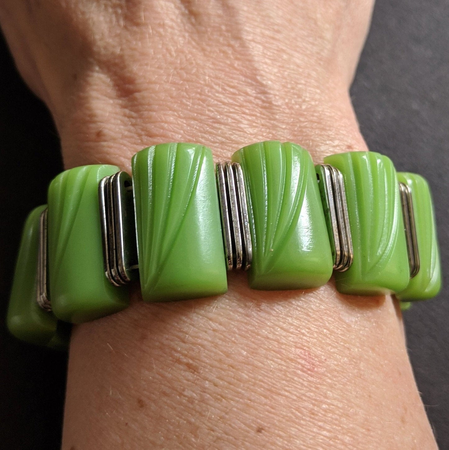 Vintage Jakob Bengel Art Deco machine age geometric chrome and chunky green galalith wide cuff bracelet