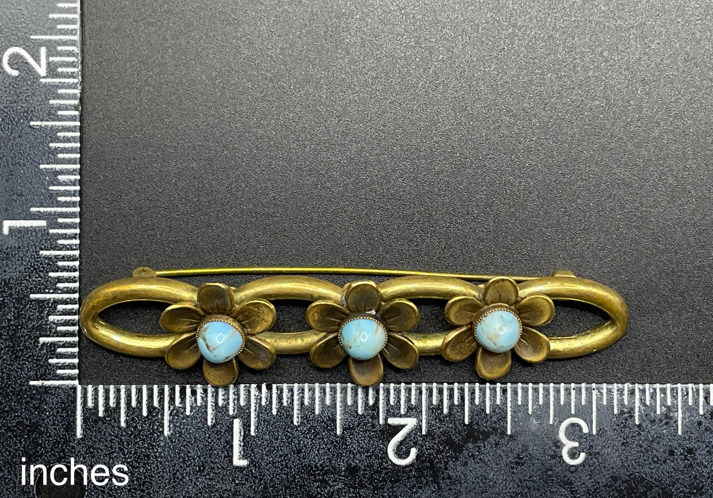 Vintage Neiger Brothers (Max and Norbert) long flower brooch - faux turquoise glass cabochons & gold tone