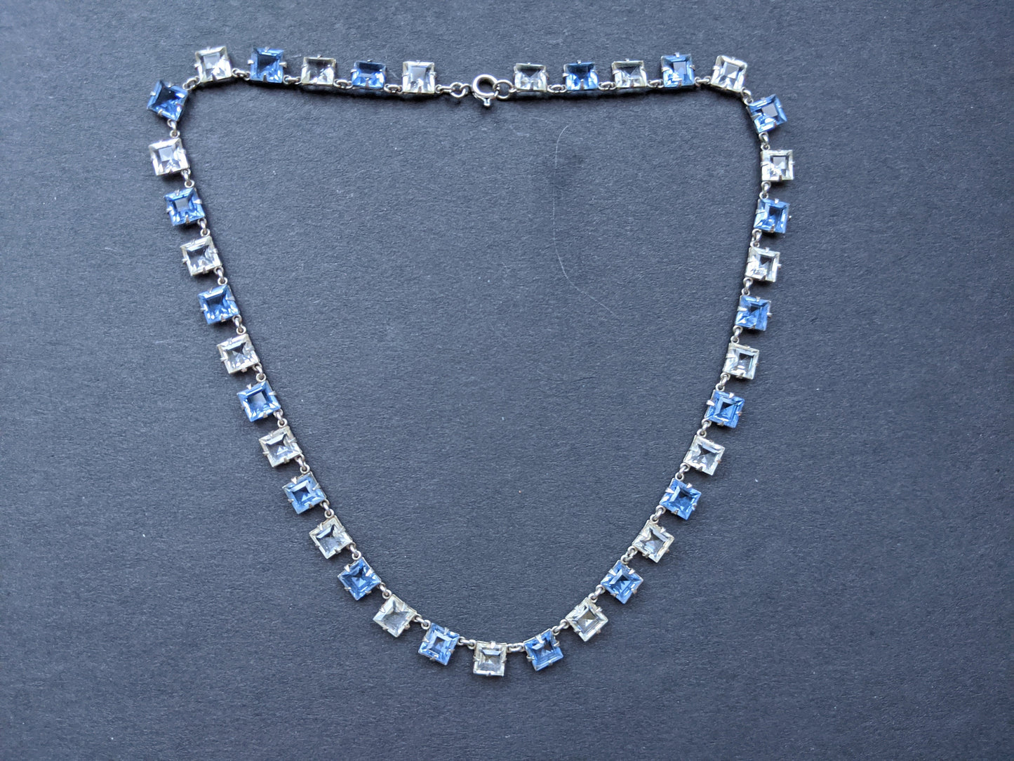 Vintage Art Deco sapphire blue crystal & clear paste riviere necklace bezel set, open backed, square / princess cut crystals, free earrings!