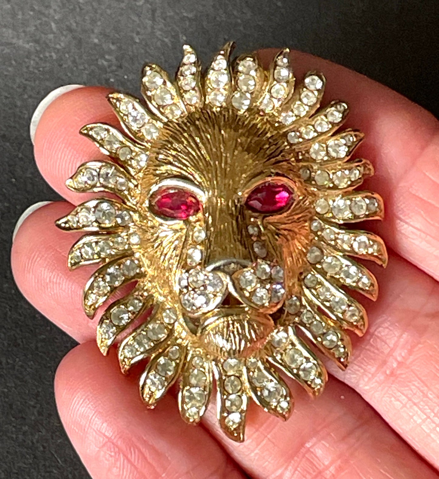 Vintage Attwood and Sawyer (A&S) large rhinestone lion brooch - signed, gold-plated, unusual ruby red rhinestone eyes