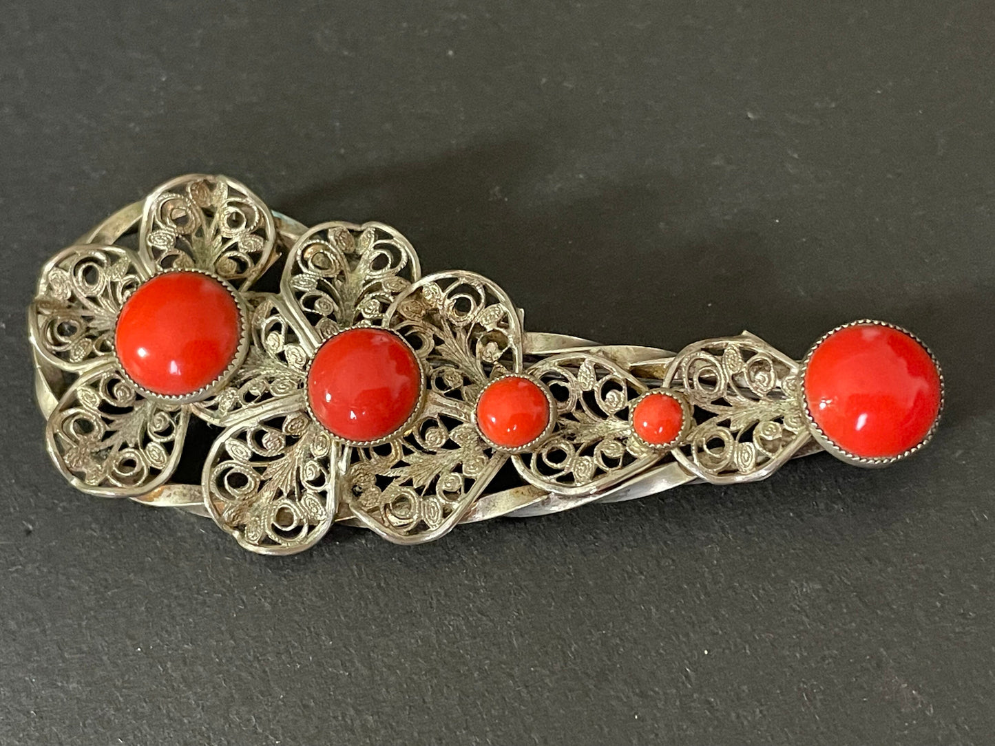 Huge vintage Art Deco Max Neiger brothers Czech brooch, bright lipstick red glass cabochons silver tone filigree