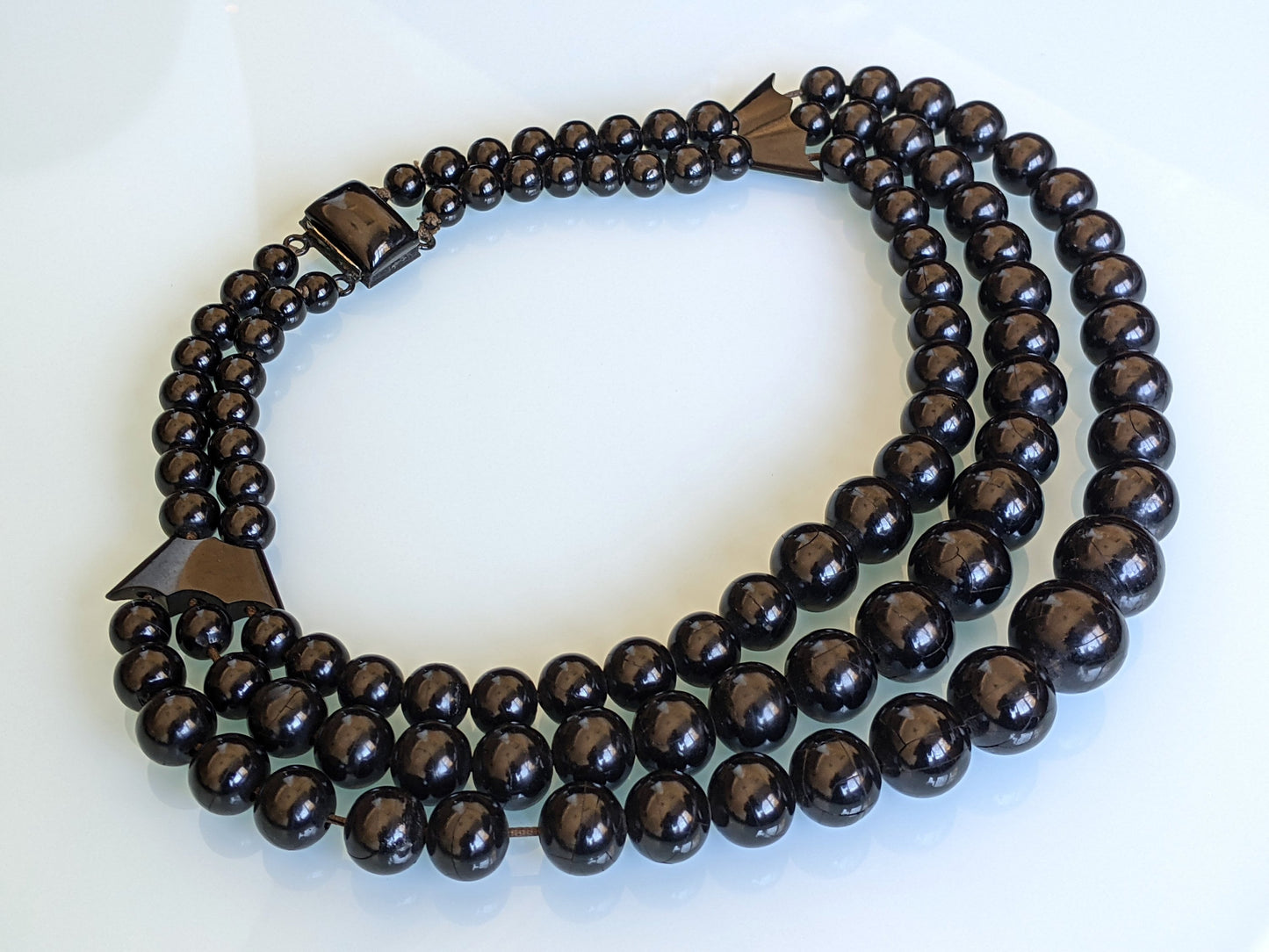 Huge antique Victorian Whitby jet bead, triple strand mourning necklace