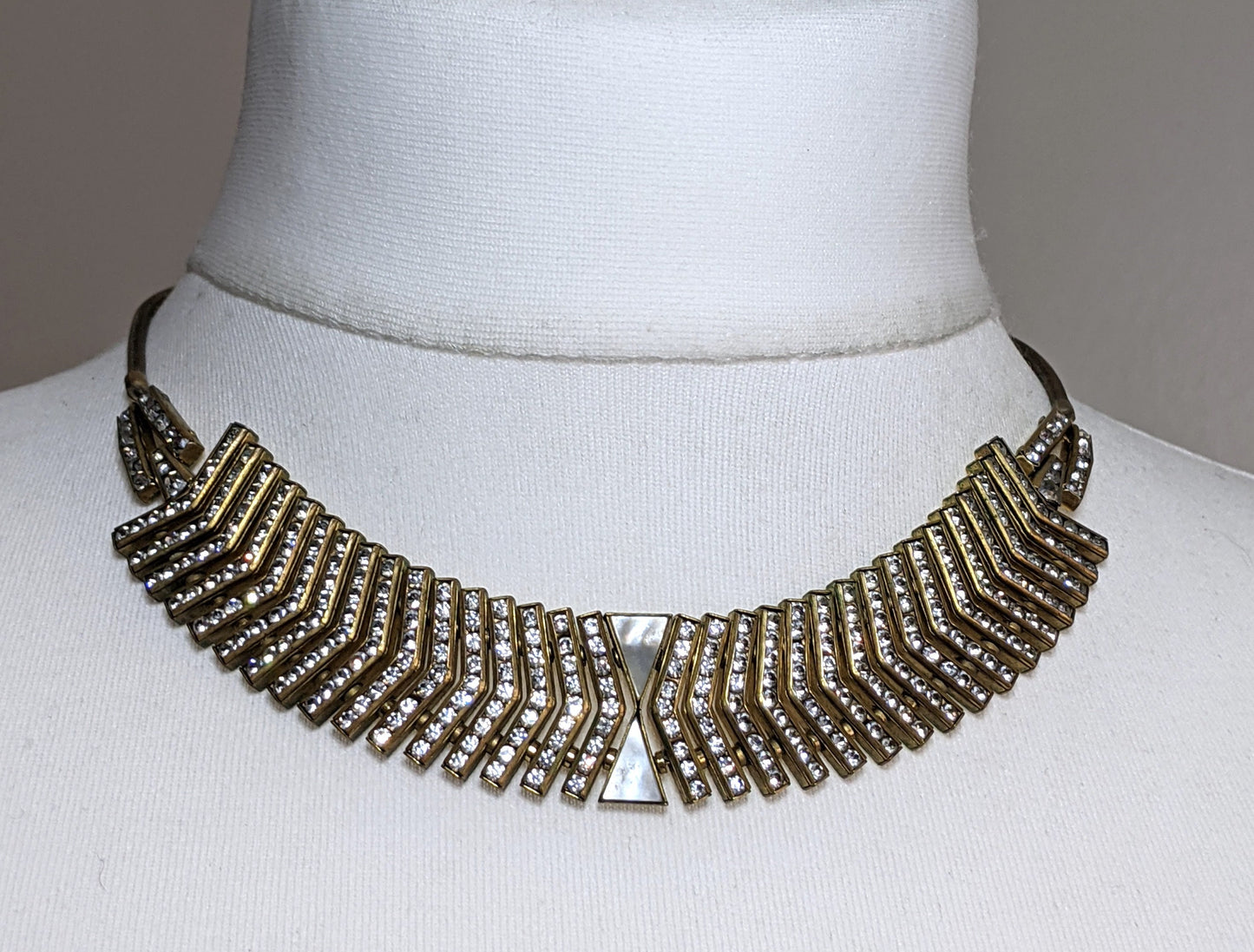 Vintage signed DoSo ( Esha Randel / Schreiber & Hiller ) Art Deco paste rhinestone and mother of pearl gilt geometric machine age necklace