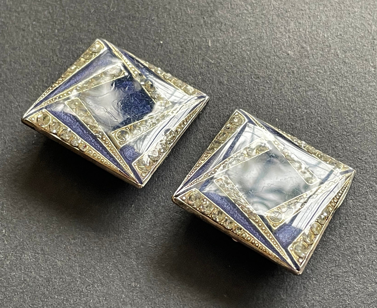 Huge vintage Pierre Bex Art Deco bright blue enamel and rhinestone clip on earrings, fabulous geometric design, large square shape