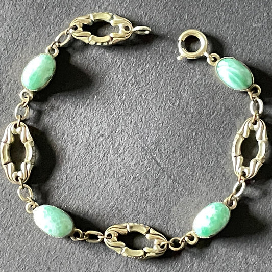 Antique / vintage ornate gold tone and large green Peking glass cabochon bracelet