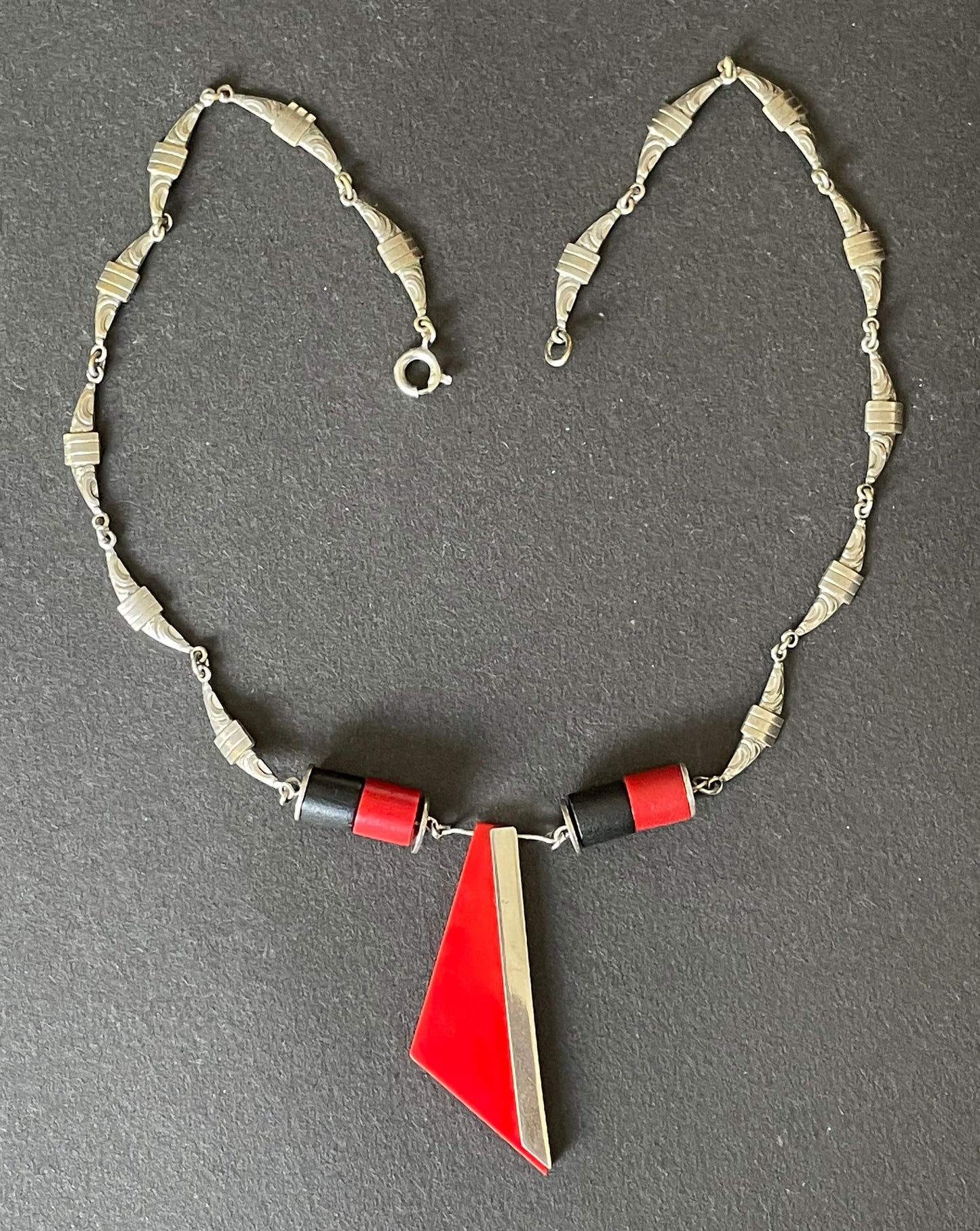 Vintage Jakob Bengel Art Deco machine age chrome, monochrome red and black galalith geometric necklace 1930s