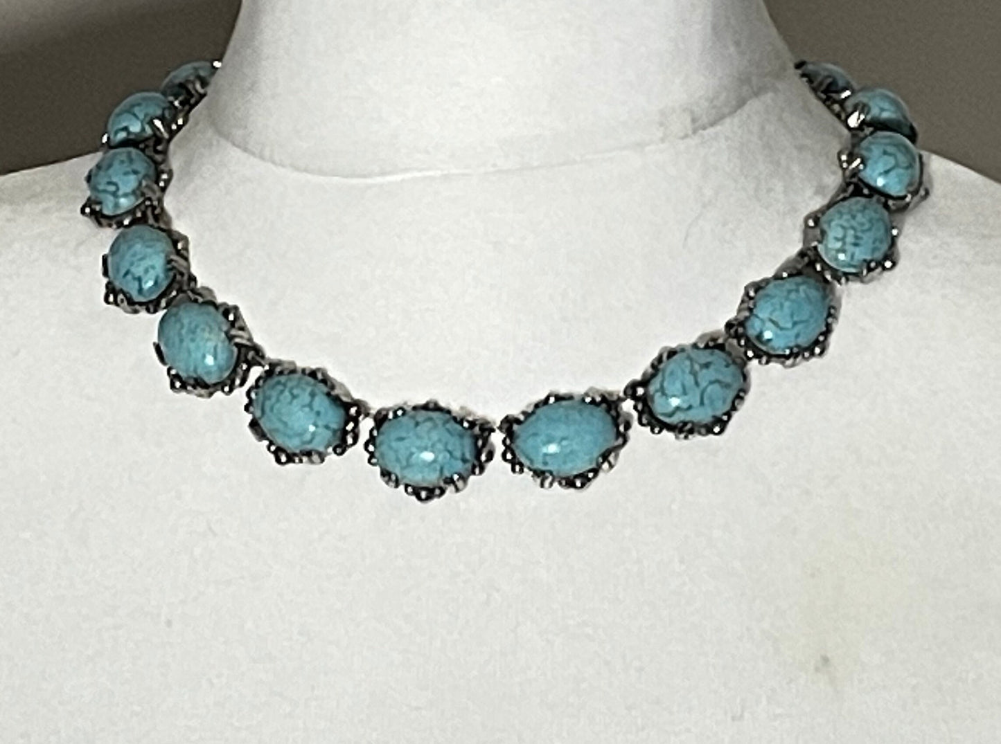 Vintage Sphinx turquoise glass riviere necklace, heavy, bezel set, open-backed stones in ornate silver tone setting