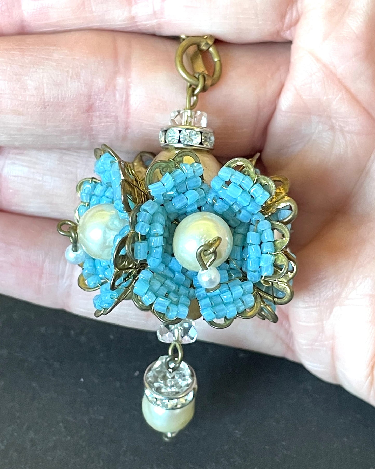 Vintage Miriam Haskell elaborate glass beaded floral  long pendant necklace with intricate turquoise blue micro beading and white faux pearl