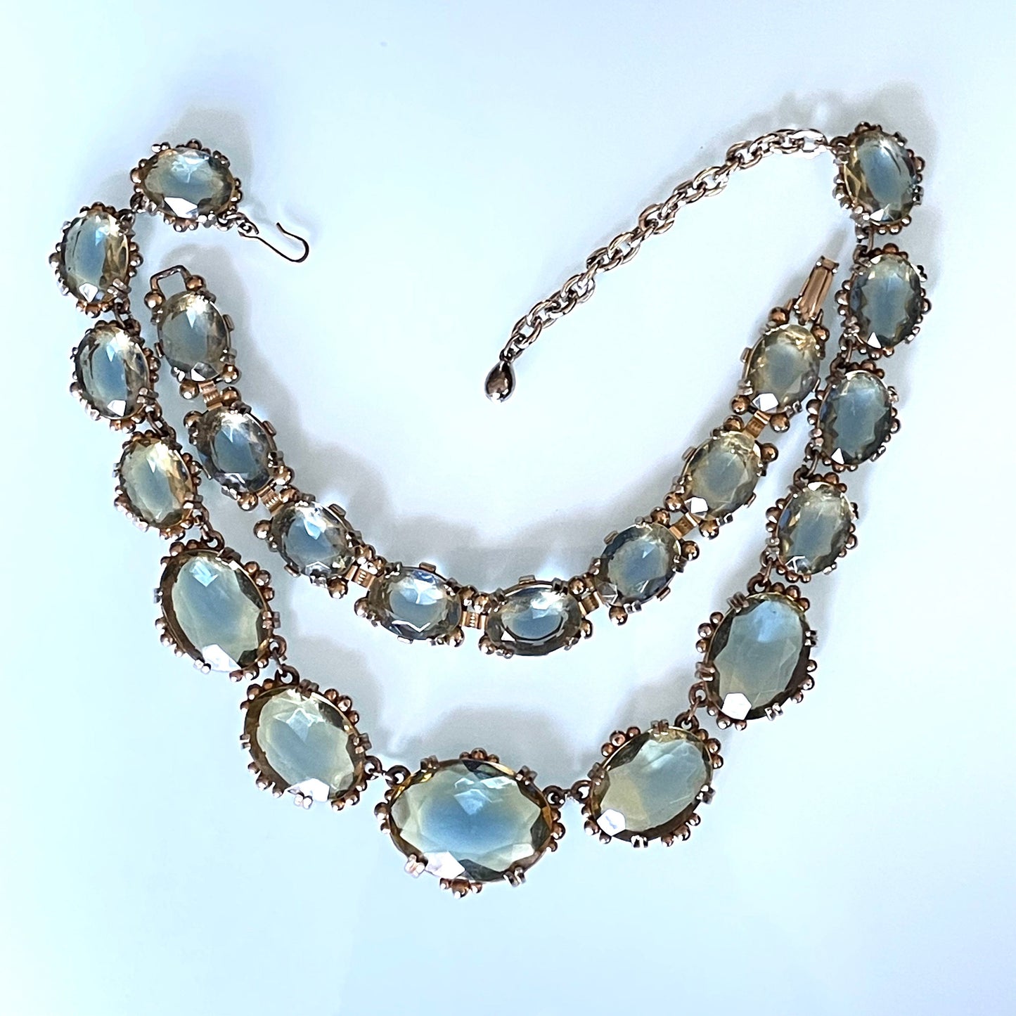 Vintage bi-colour citrine yellow & sapphire blue large crystal riviere necklace and bracelet set, by Sphinx