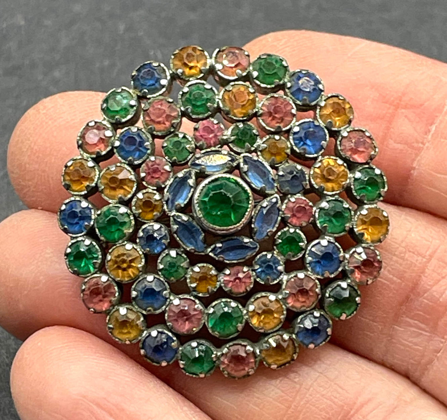 Vintage multi-coloured crystal floral cluster brooch - pink, yellow, blue and green colourful rhinestones set open-backed in silver tone