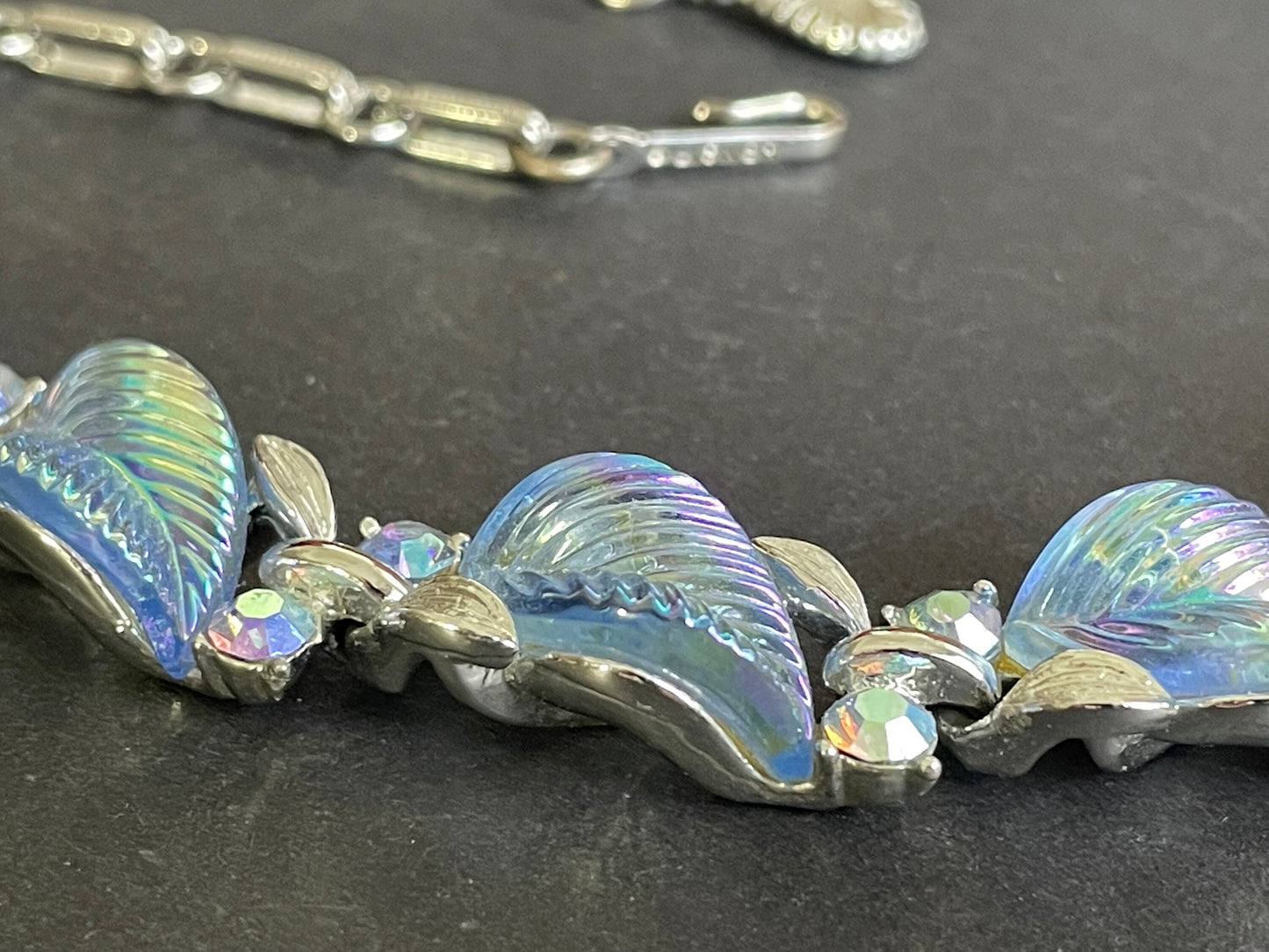 Vintage signed Lisner blue aurora borealis glass leaf, rhinestone and shiny silver tone collar choker necklace