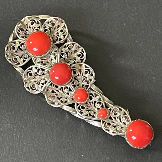 Huge vintage Art Deco Max Neiger brothers Czech brooch, bright lipstick red glass cabochons silver tone filigree