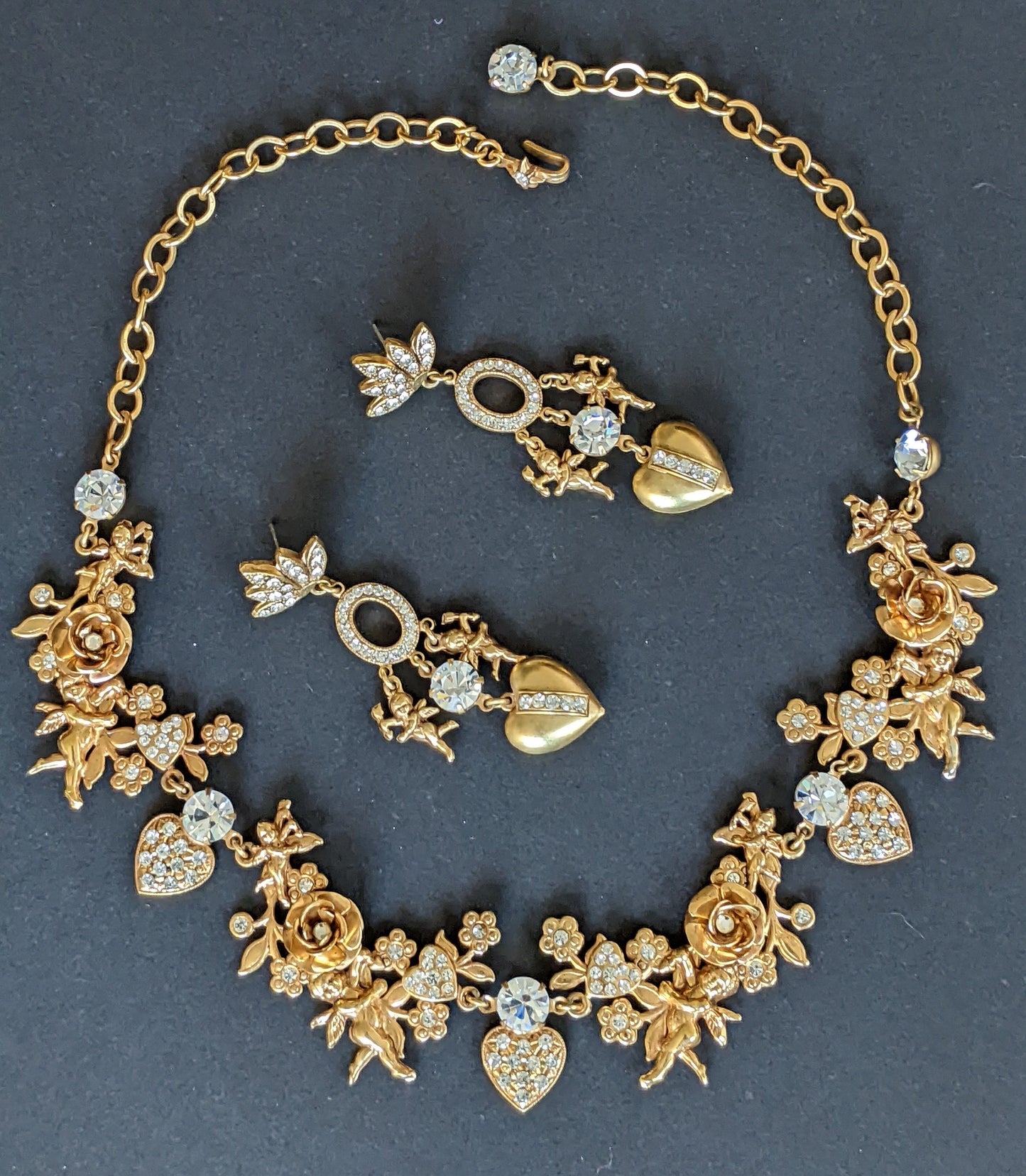 Vintage early Askew London cherub putti necklace & earrings set demi-parure, gold tone, rhinestone, excellent condition, presentation box