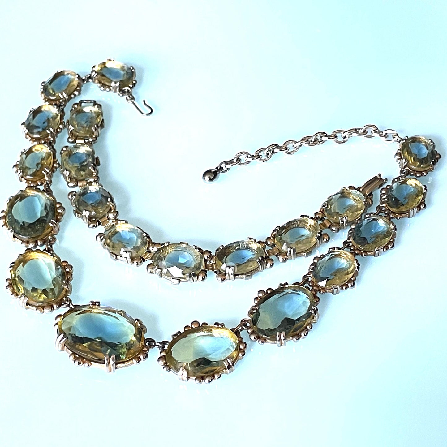 Vintage bi-colour citrine yellow & sapphire blue large crystal riviere necklace and bracelet set, by Sphinx