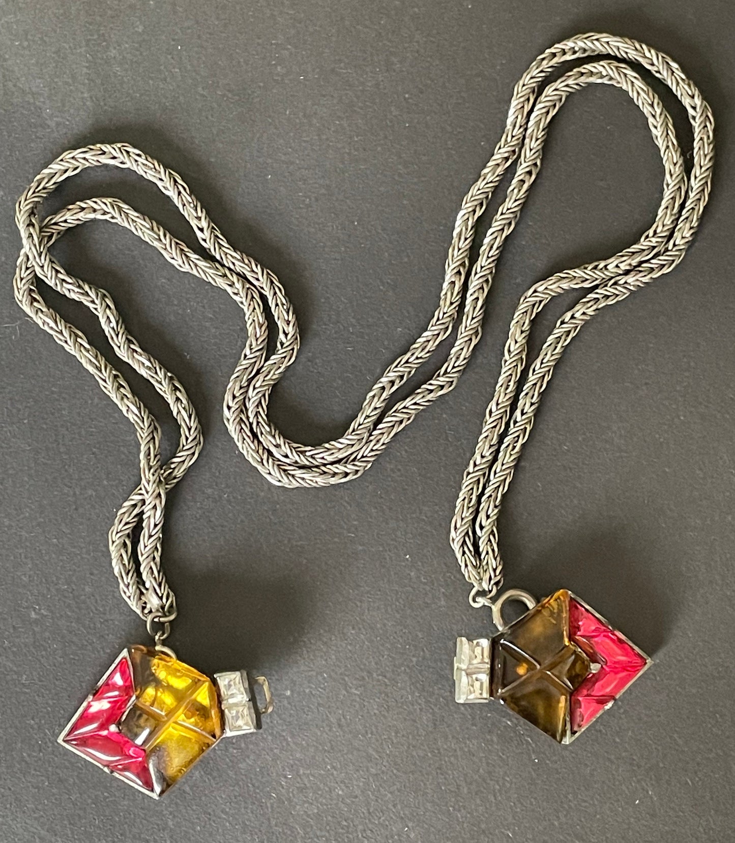 Vintage Art Deco machine age bow buckle clasp double strand silver tone thick chain necklace, pink and yellow early plastic / celluloid