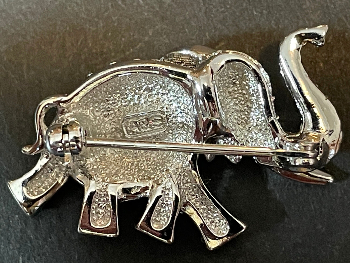 Vintage signed Attwood and Sawyer A&S silver tone rhodium plated and rhinestone elephant brooch, so adorable