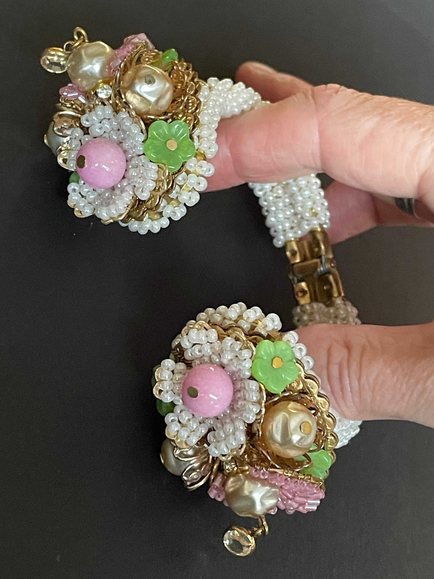 Vintage elaborate glass beaded floral clamper bangle with intricate micro beading and silver tone filigree, pink, green, white & faux pearl