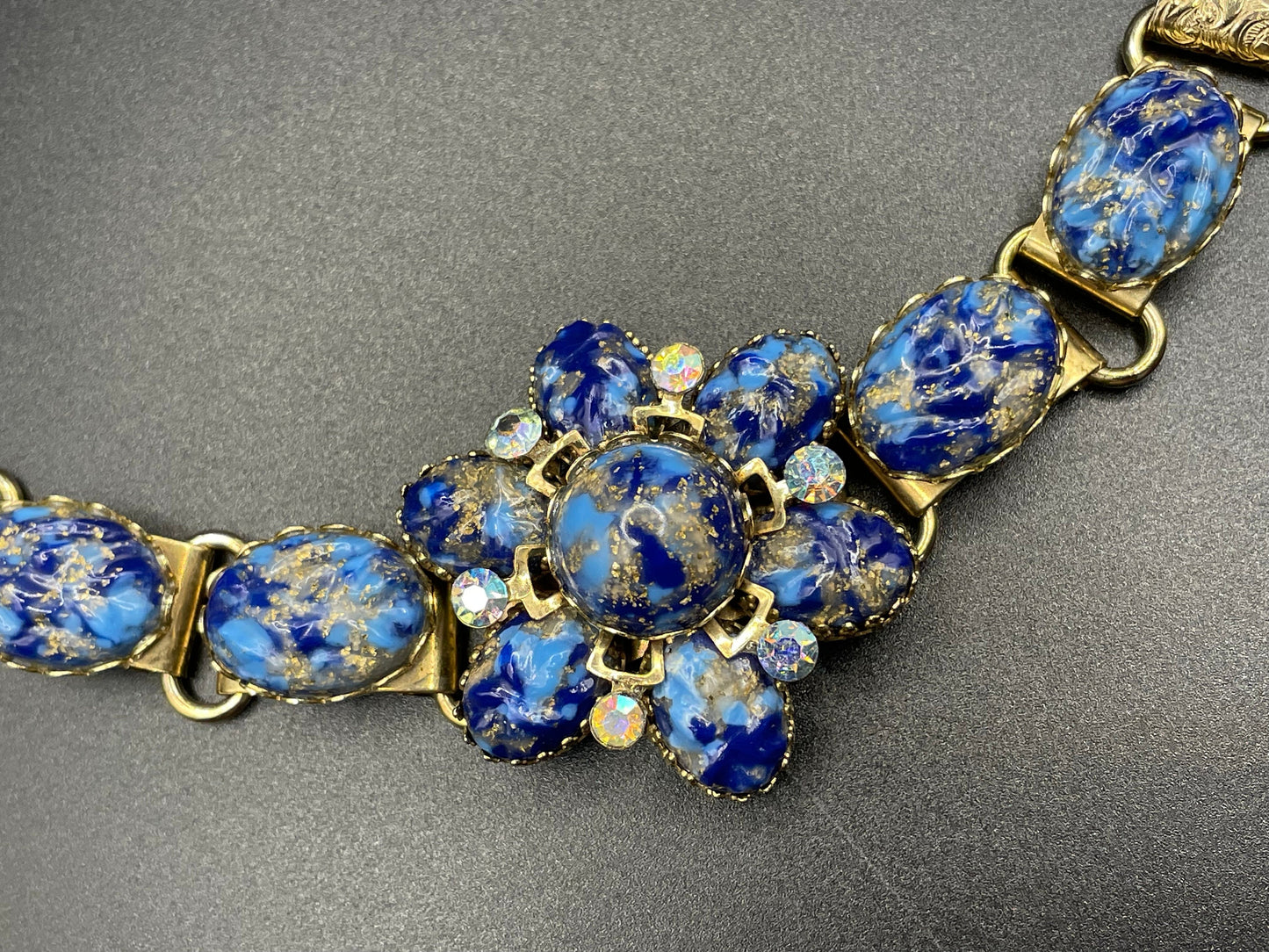 Vintage art glass rhinestone floral bracelet, textured blue and gold glass cabochons, Juliana Delizza and Elster (D&E) or Schreiner style