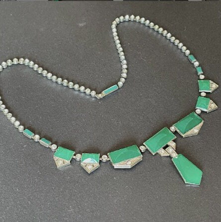 Vintage Art Deco Czech deep green moulded glass and silver tone necklace with collet set clear rhinestones in riviere style