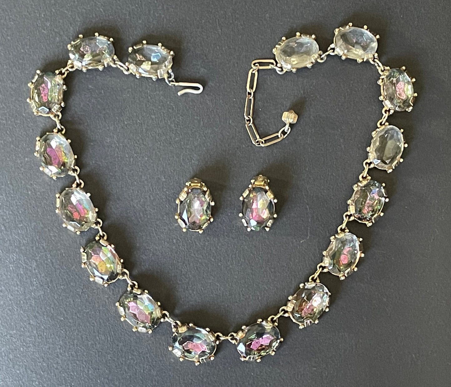 Vintage Sphinx watermelon glass riviere necklace and clip on earrings set, heavy, bezel set, open-backed stones in pale gold tone