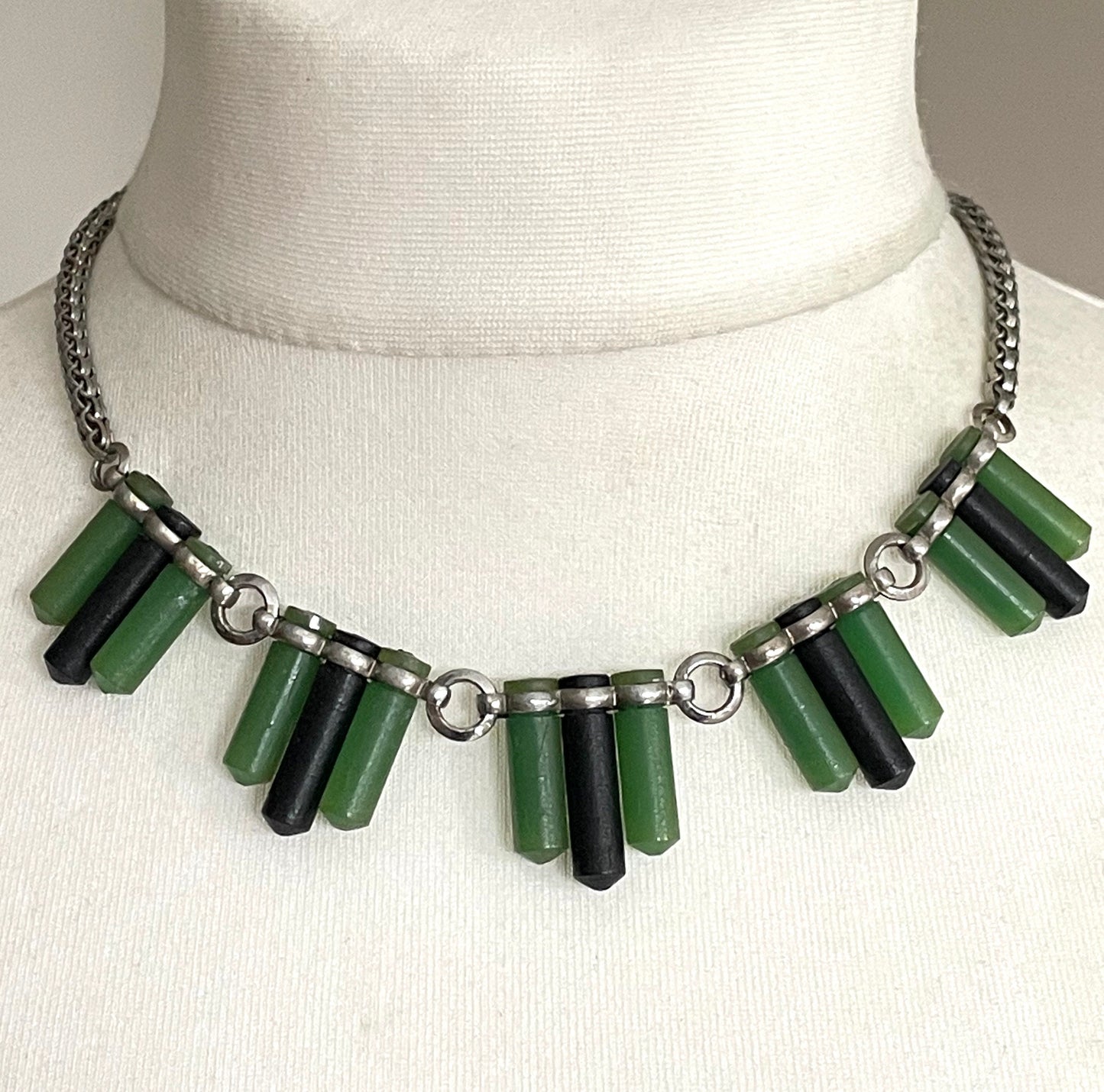 Vintage Jakob Bengel Art Deco machine age chrome with green and black galalith cylinders geometric necklace with snake chain, 1930s