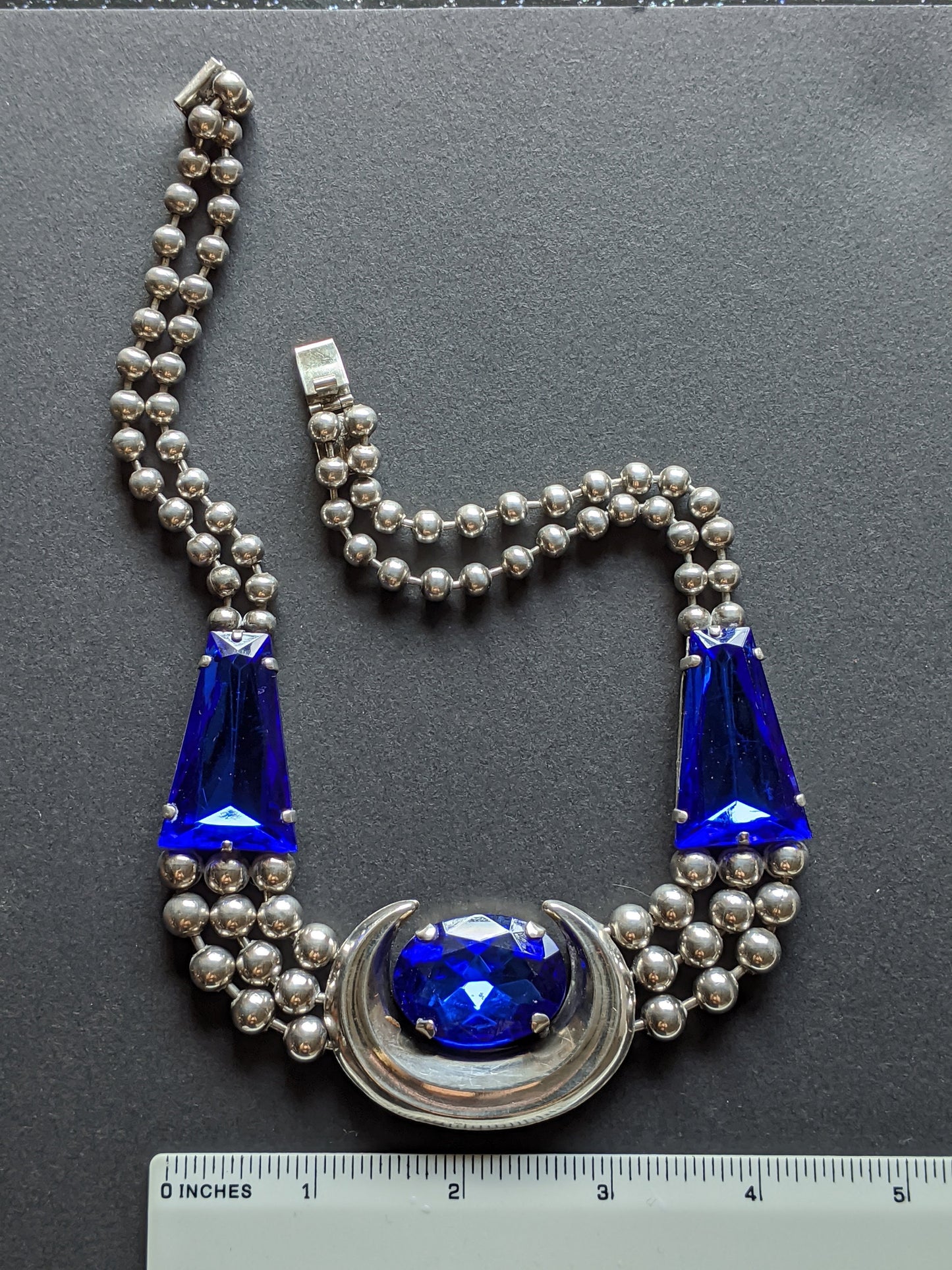 Vintage Art Deco bright blue, huge crystal and silver tone statement ball chain necklace, machine age, very heavy, extraordinary piece!