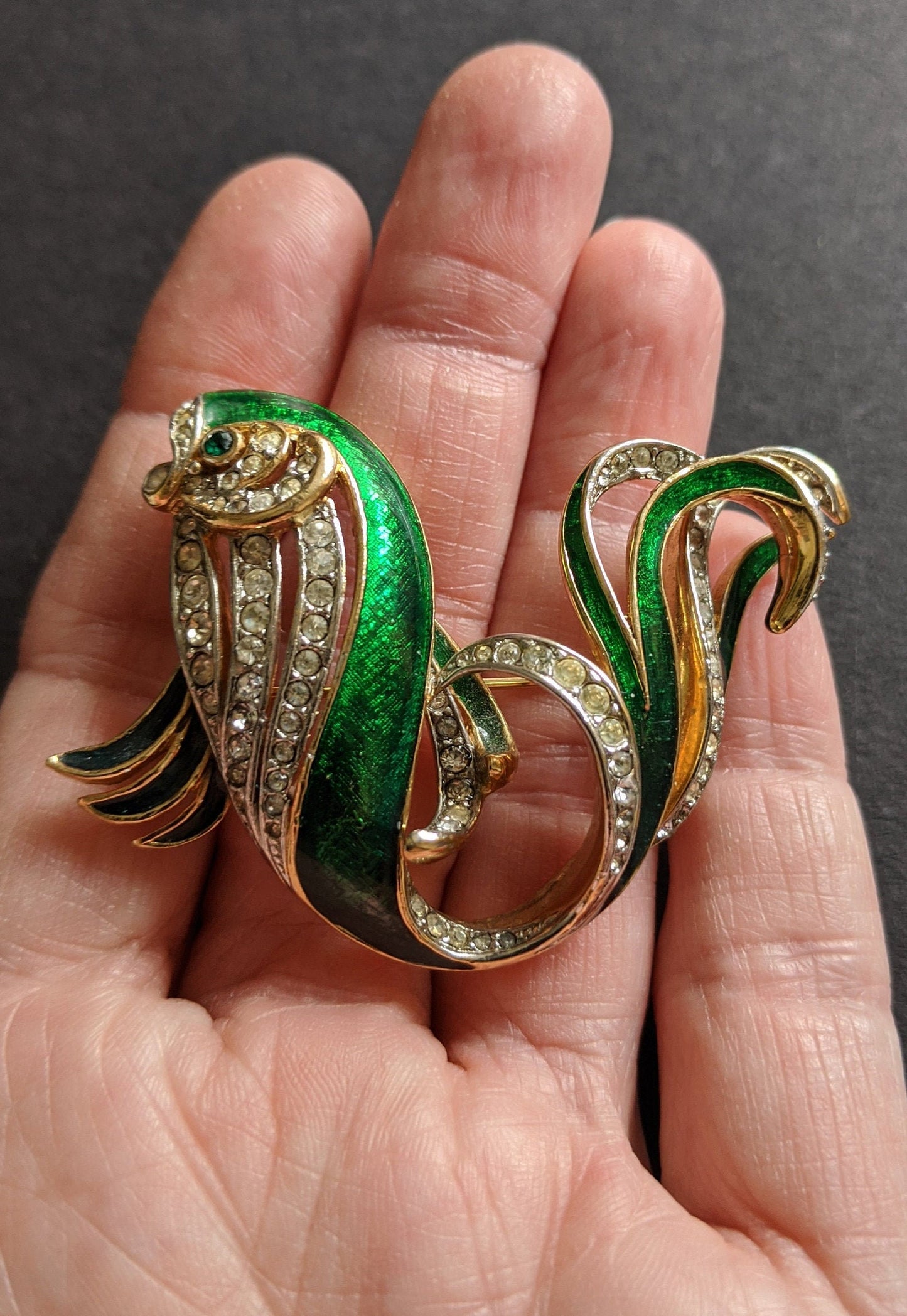 Vintage Attwood and Sawyer large fish brooch, gold plated, green enamel and rhinestone, signed A&S, uncommon design