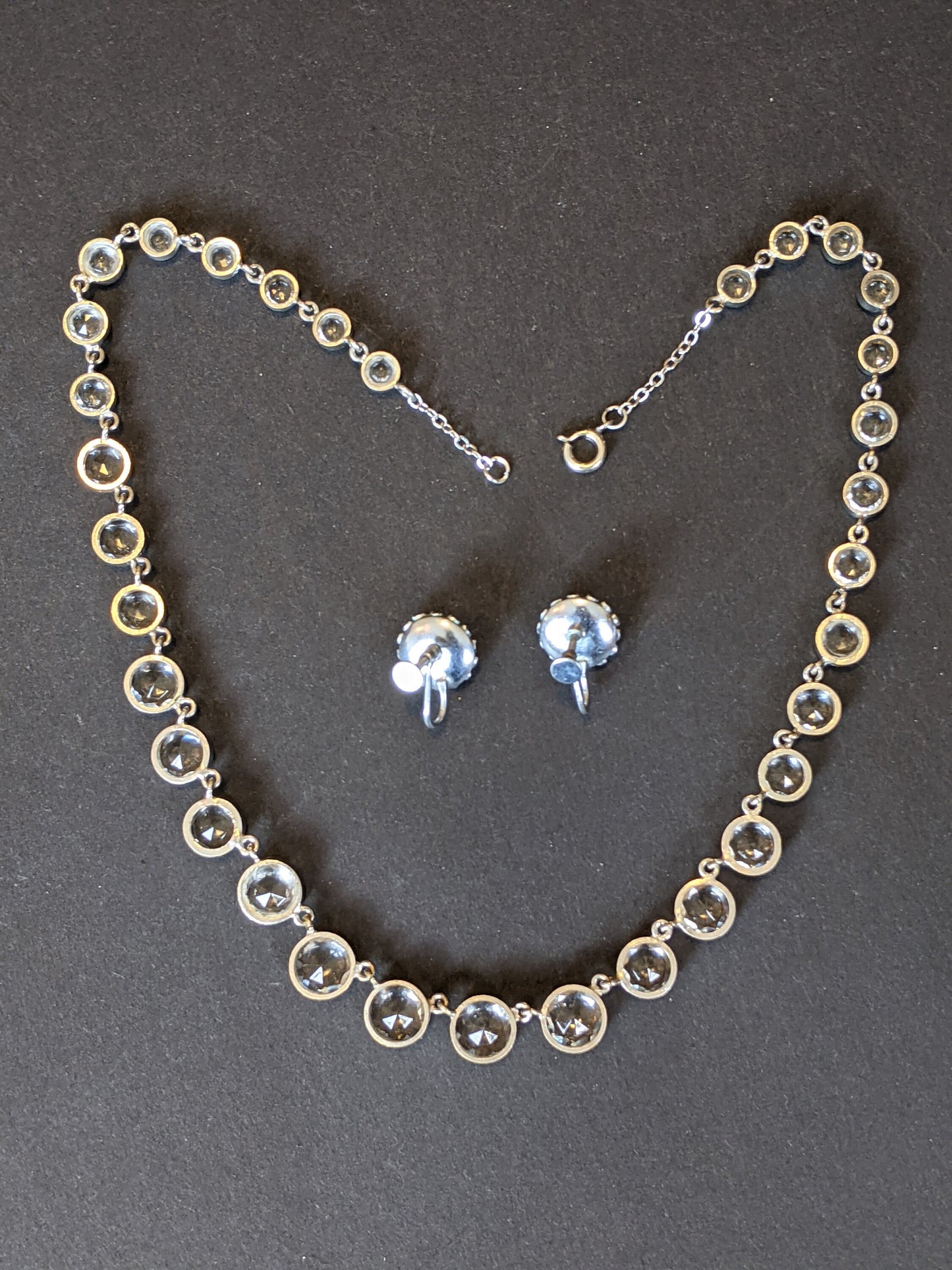 Vintage Art Deco clear paste silver tone riviere necklace with crystal screw back earrings, collet set open backed, classic demi-parure