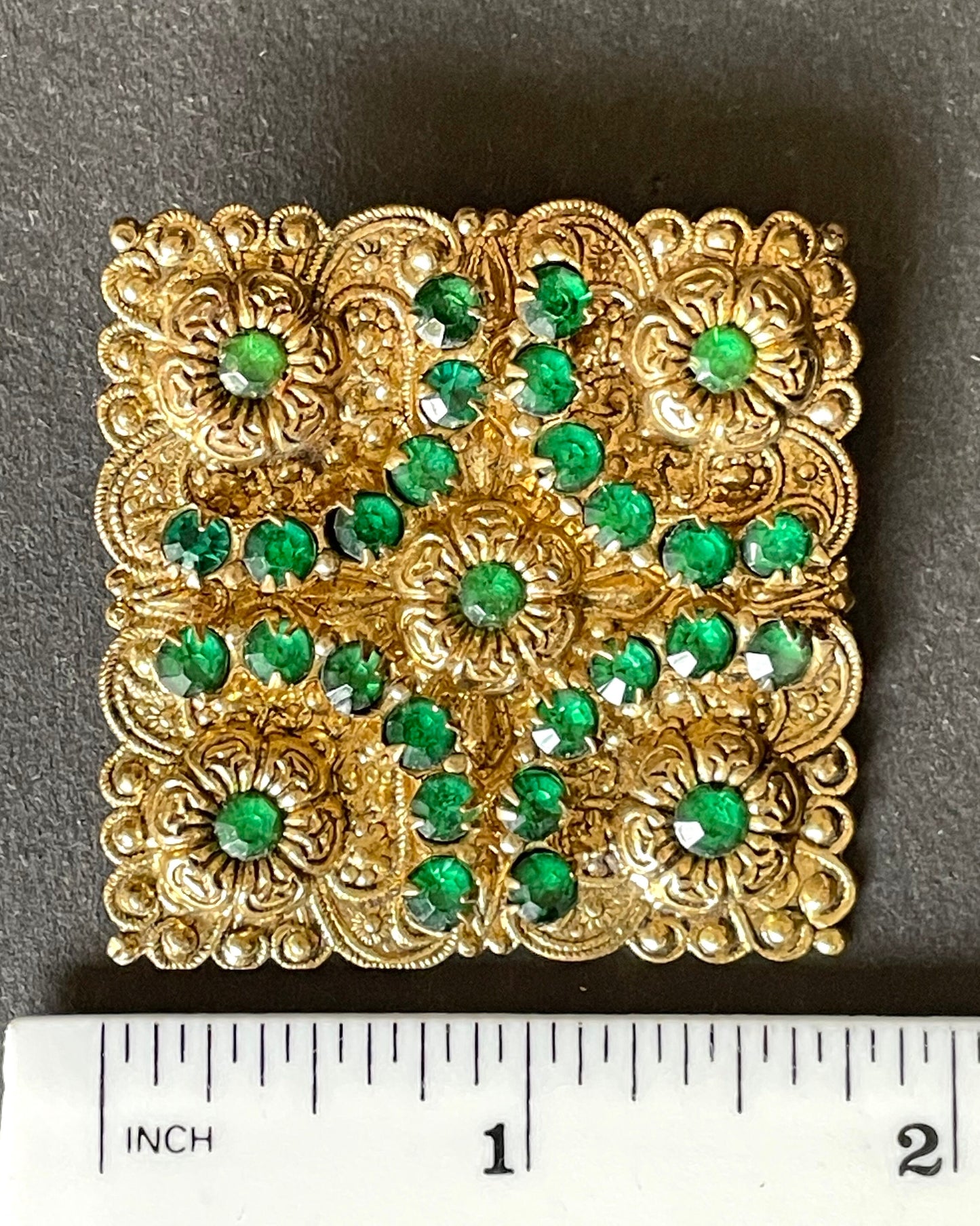 Large vintage Art Deco emerald green rhinestone and gold tone filigree Czech statement square brooch, flower design, Max Neiger style