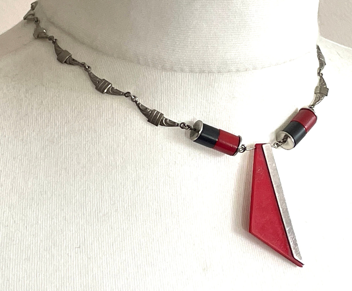 Vintage Jakob Bengel Art Deco machine age chrome, monochrome red and black galalith geometric necklace 1930s