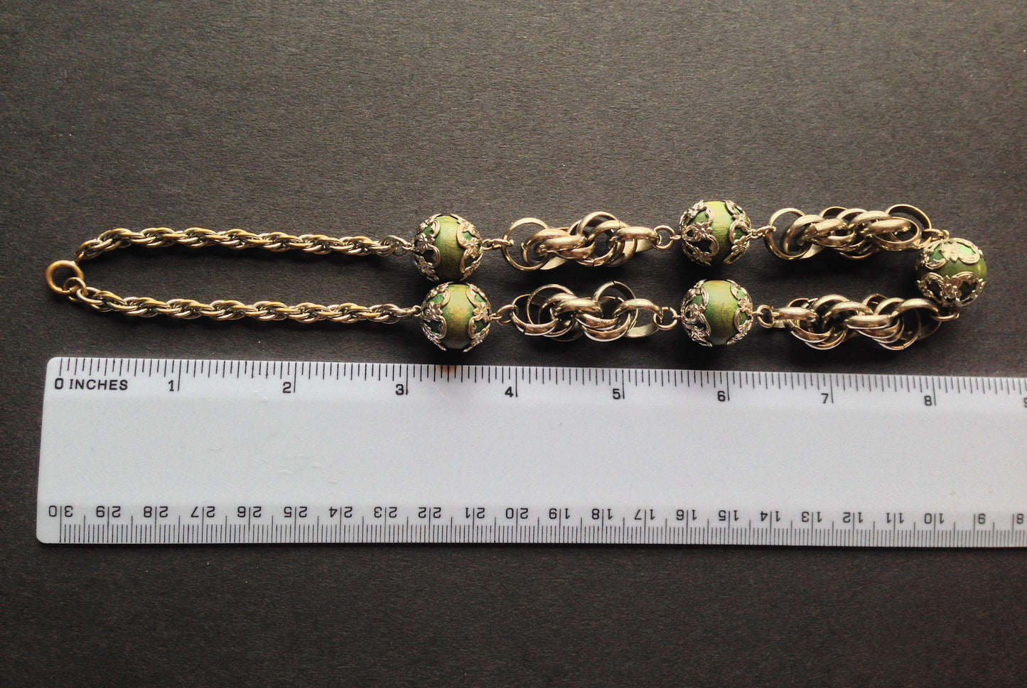 Vintage Art Deco machine age, chunky silver tone and green wood bead necklace - Jakob Bengel?