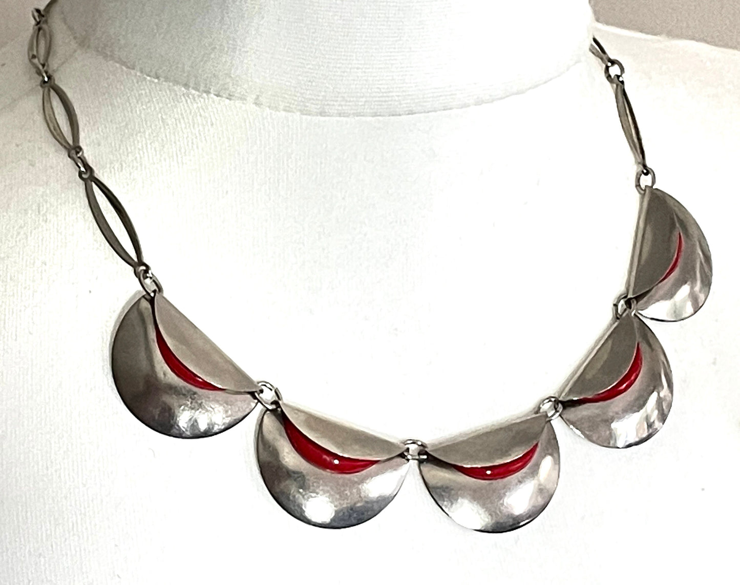 Vintage Jakob Bengel Art Deco machine age necklace, bright red galalith geometric shapes with shiny silver tone chrome folded discs