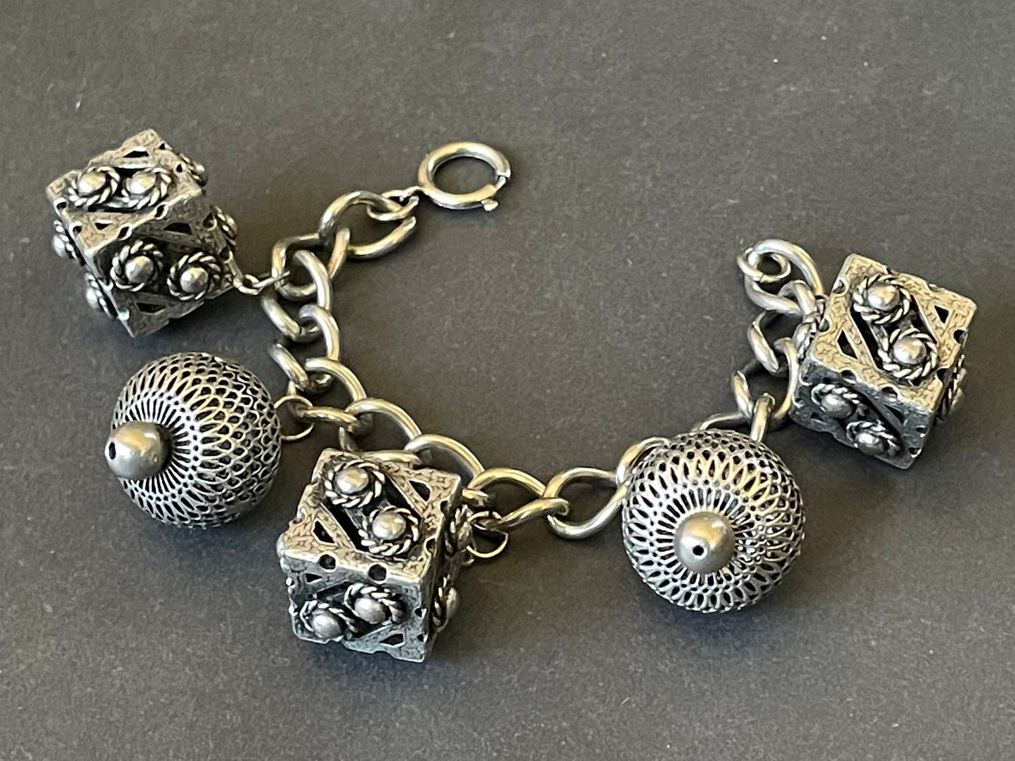 Vintage oversized silver tone filigree chunky charm bracelet, amazing quality, superb vintage condition