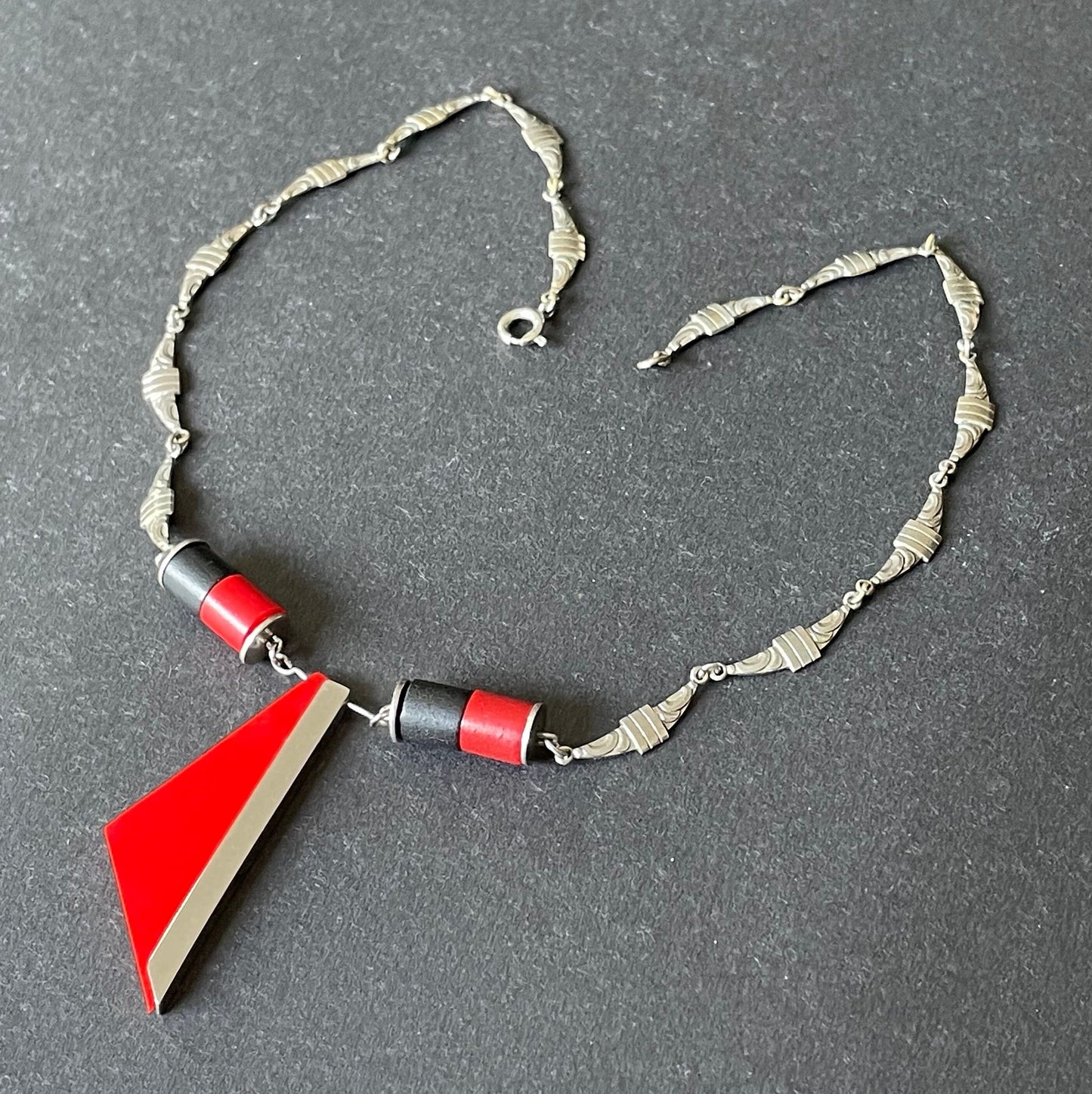 Vintage Jakob Bengel Art Deco machine age chrome, monochrome red and black galalith geometric necklace 1930s