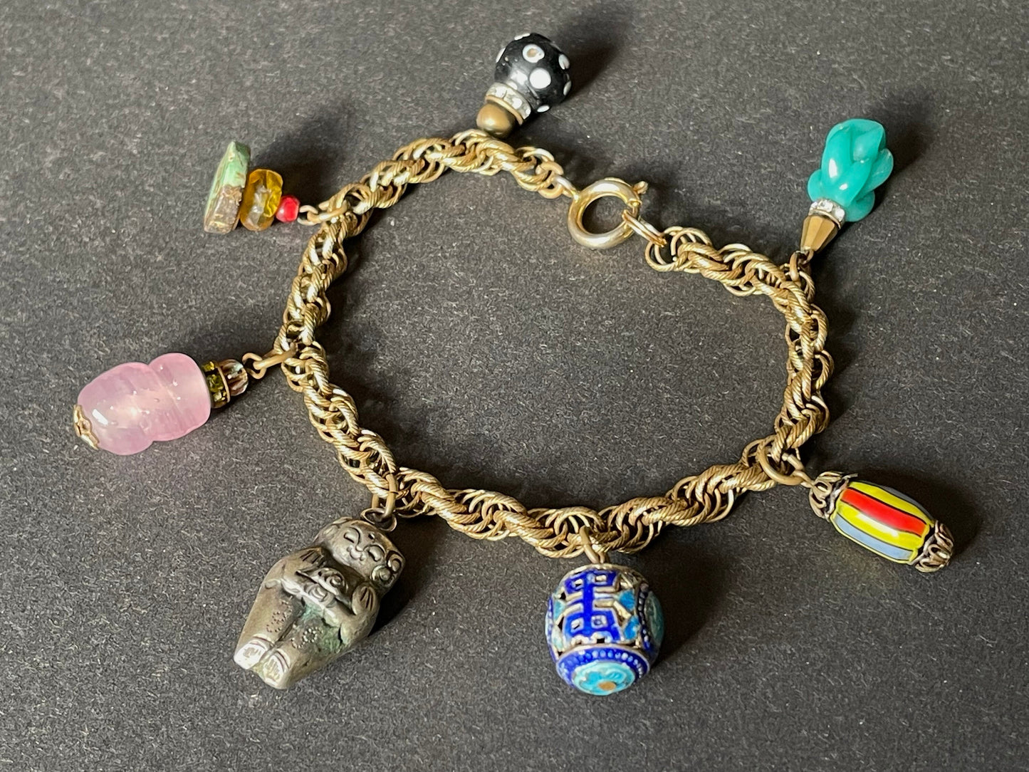 Vintage early Miriam Haskell charm bracelet or anklet with fancy gold tone rope chain and gorgeous Chinese bead and glass charms