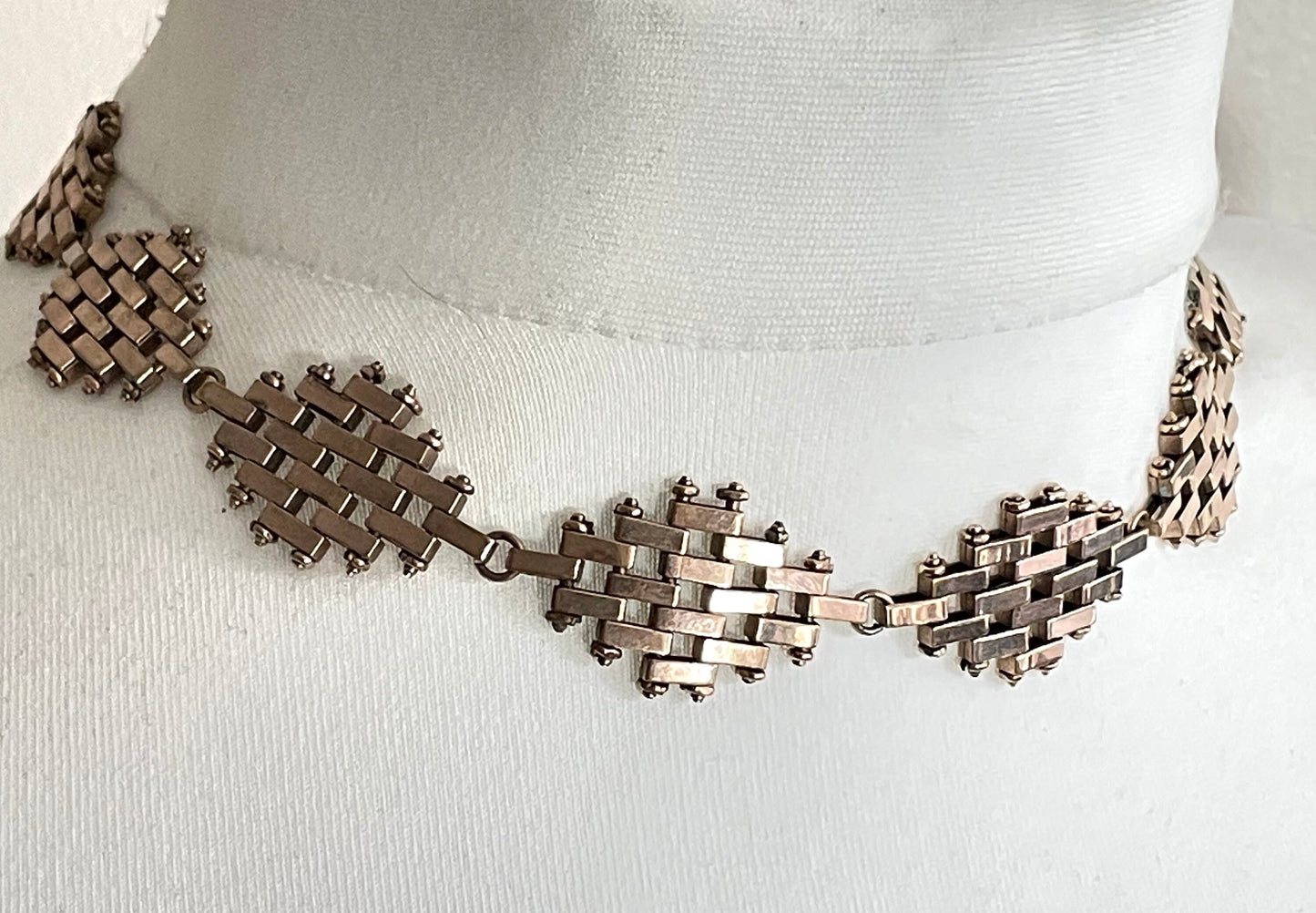 Vintage Jakob Bengel Art Deco brickwork / mauerwerk machine age gold tone choker necklace, geometric design