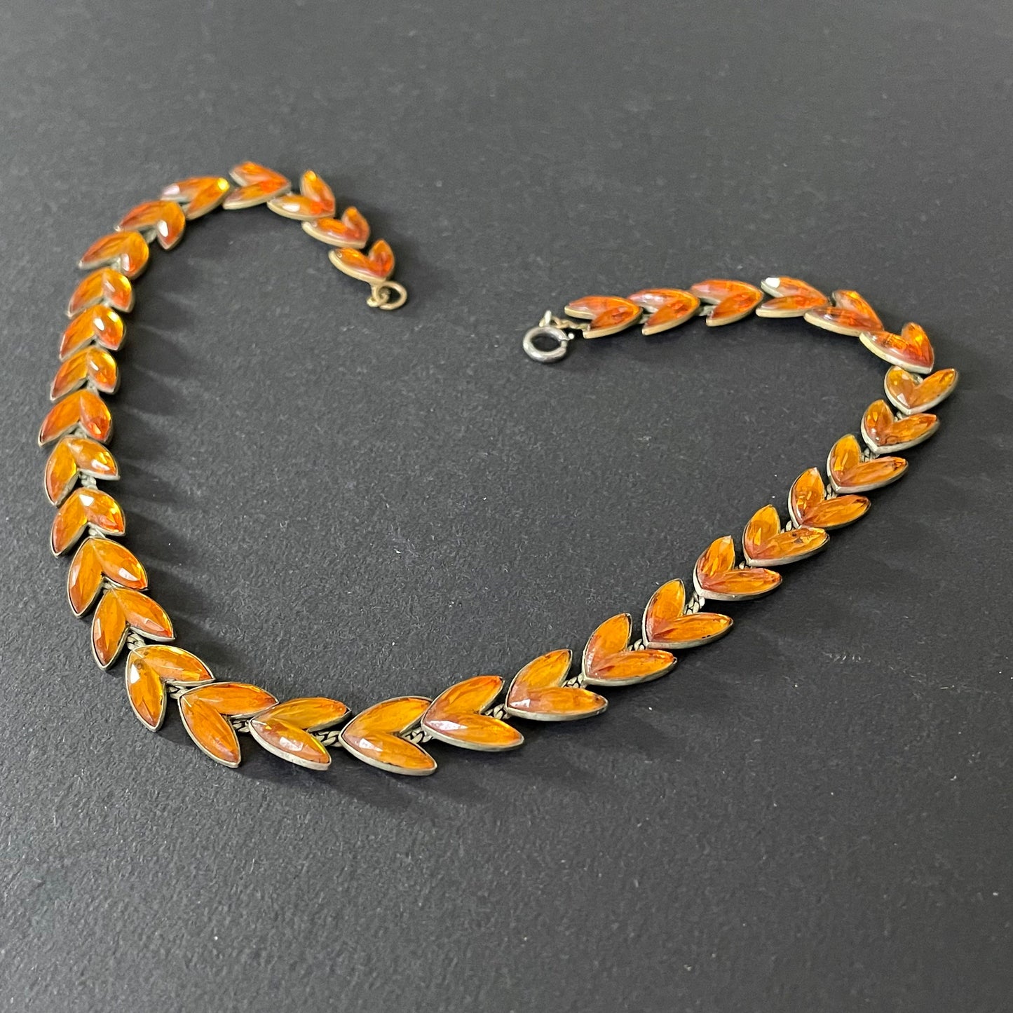 Vintage citrine yellow / topaz orange moulded Vauxhall style glass leaf design necklace, set in antique brassy gold tone