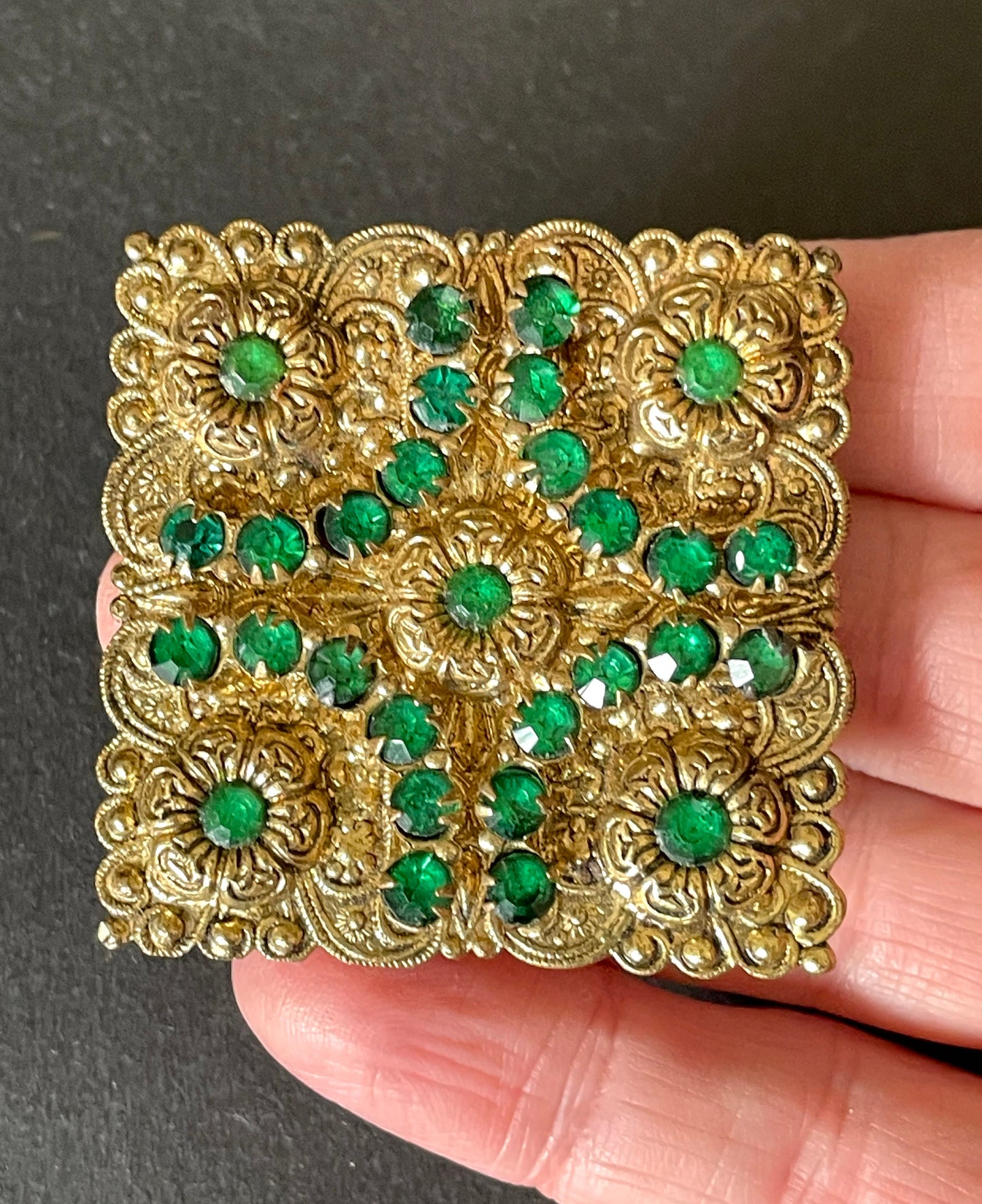 Large vintage Art Deco emerald green rhinestone and gold tone filigree Czech statement square brooch, flower design, Max Neiger style