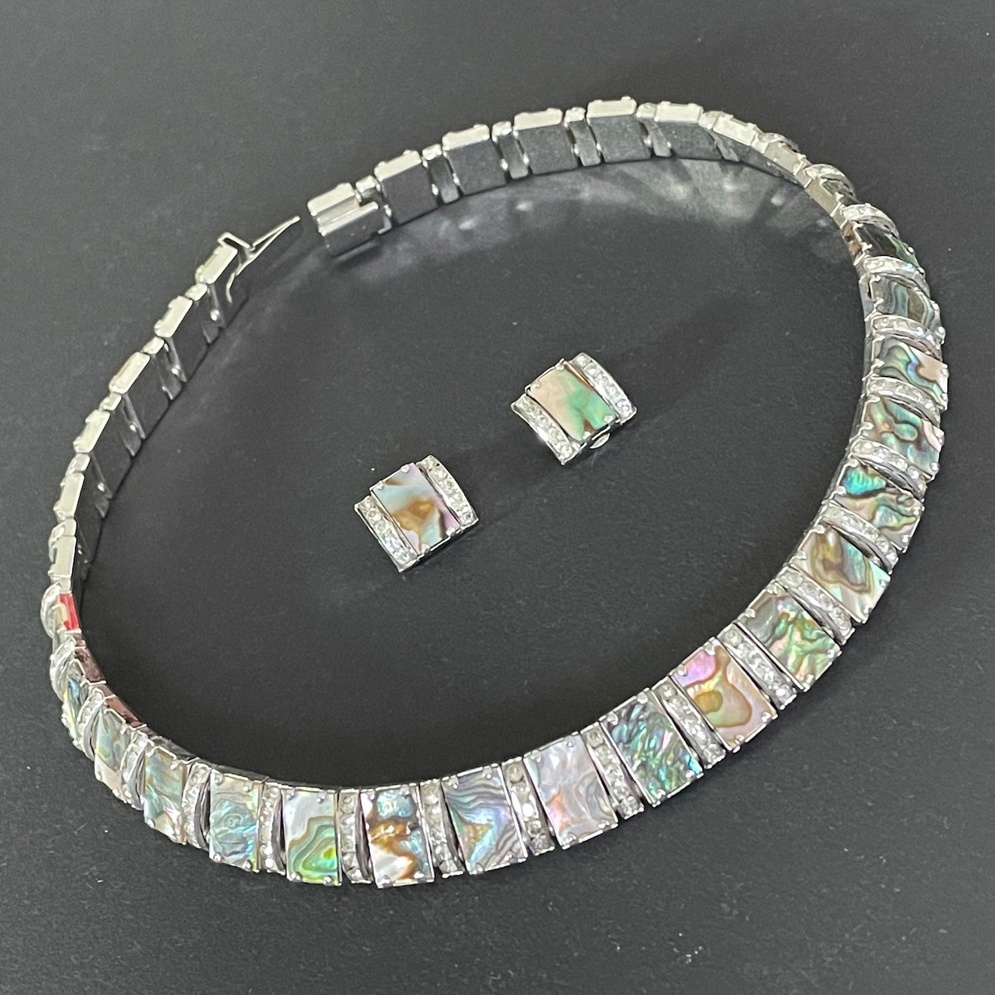 Vintage unsigned DRGM Schreiber & Hiller / Esha Randel Art Deco channel set paste rhinestone and abalone necklace and clip earrings set