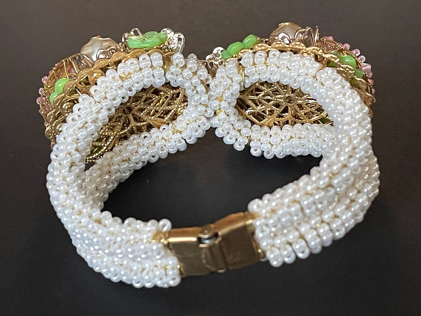 Vintage elaborate glass beaded floral clamper bangle with intricate micro beading and silver tone filigree, pink, green, white & faux pearl