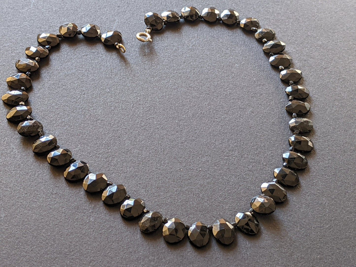 Antique French jet riviere necklace - Victorian Vauxhall glass, black faceted glass oval jet stones