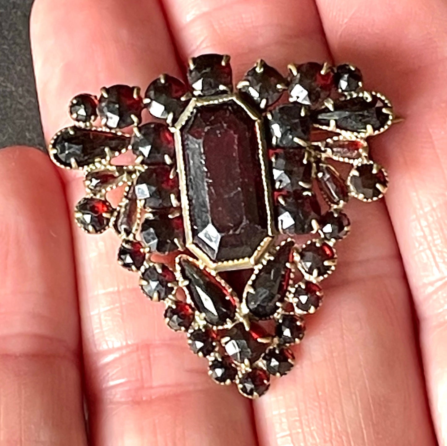 Large vintage / antique Bohemian garnet brooch, different shaped stones set in gold tone, early Art Deco period 1920s