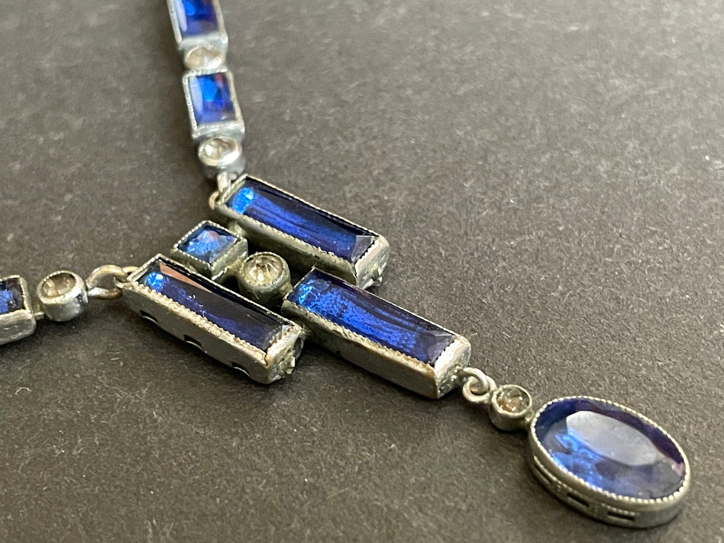 Vintage / antique Bristol blue and clear paste collet set crystal, silver plated riviere lariat necklace with baguette stones