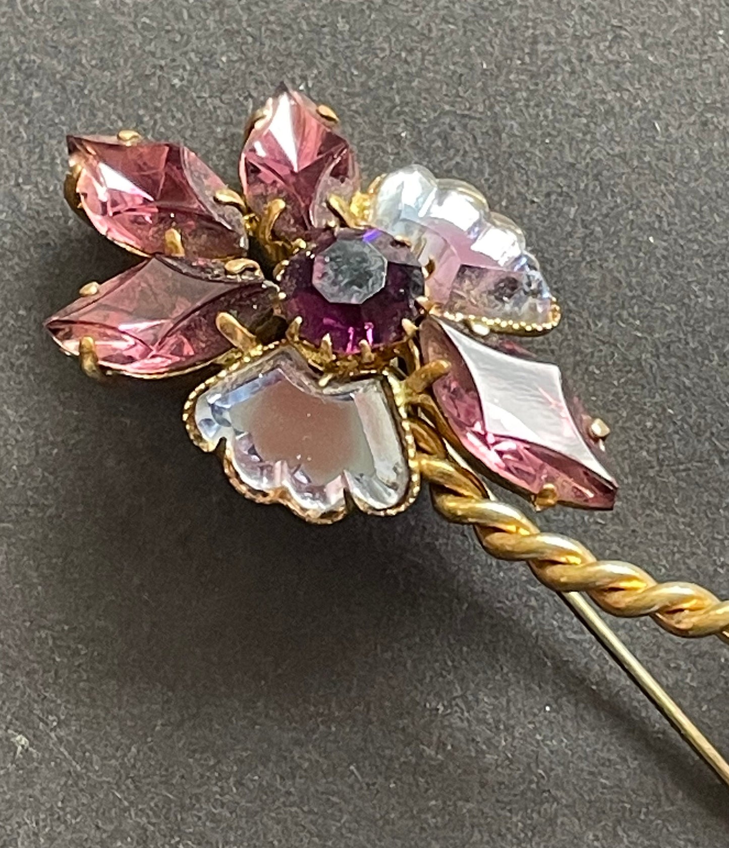 Vintage rhinestone / crystal bi-colour amethyst purple and blue flower brooch, vauxhall / mirror glass style in gold tone